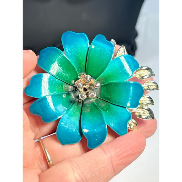 Vintage Coro Flower Brooch Teal Blue Enamel Rhinestone Leaves MCM Ornate RARE - Picture 8 of 16